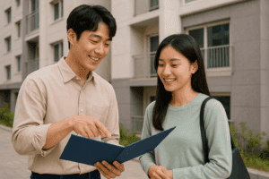 청년 남녀가 아파트 단지 앞에서 함께 서서 서류를 살펴보는 장면